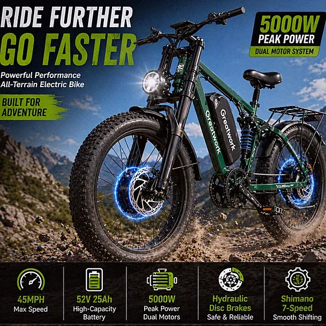 Fast Electric Bike for Adults 5000W AWD Motor 45MPH 52V Full Suspension Bicycle
