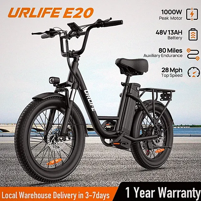 URLIFE 20"*3.0 Fat Tire Electric Bike for Adult 1000W 48V 13AH 7-Speed Ebike